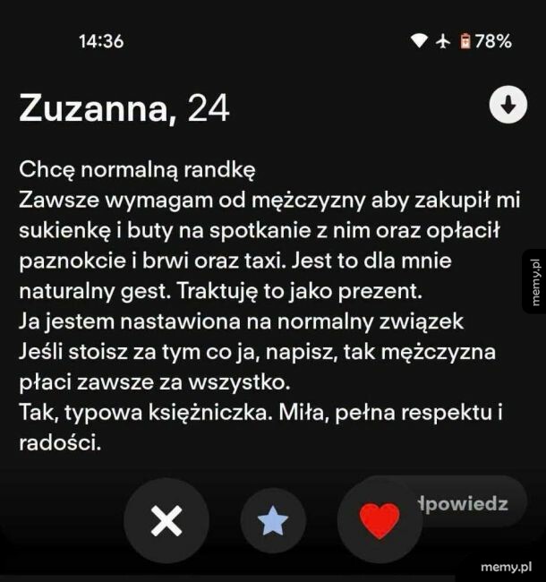 Kobieta w wieku 24 lat opisująca swoje oczekiwania dotyczące randek.