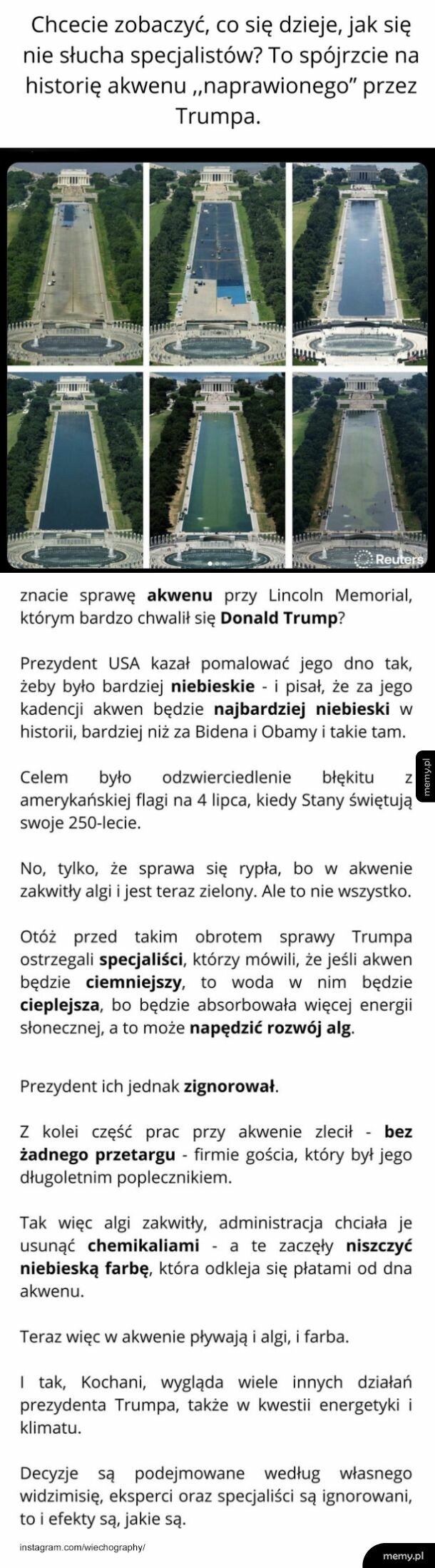 Widok na akwen przy Lincoln Memorial, z porównaniem przed i po renowacji.
