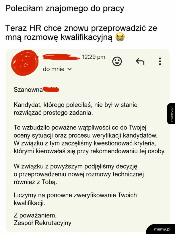 E-mail od HR dotyczący rozmowy kwalifikacyjnej.