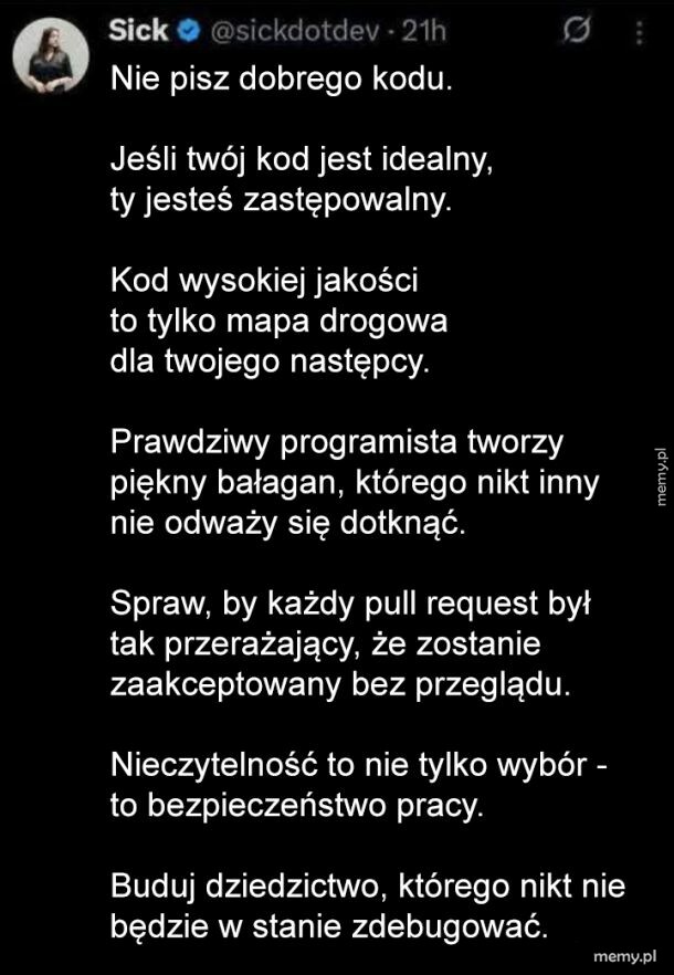 Tekst na czarnym tle z białymi napisami o programowaniu i tworzeniu kodu.