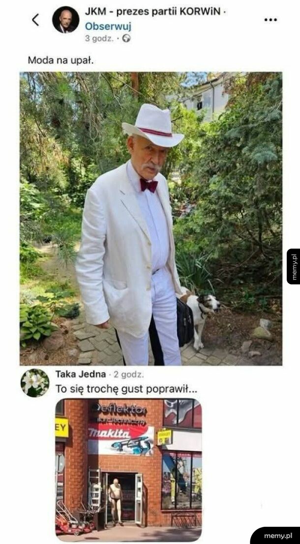 Mężczyzna w białym garniturze i kapeluszu na tle zieleni.