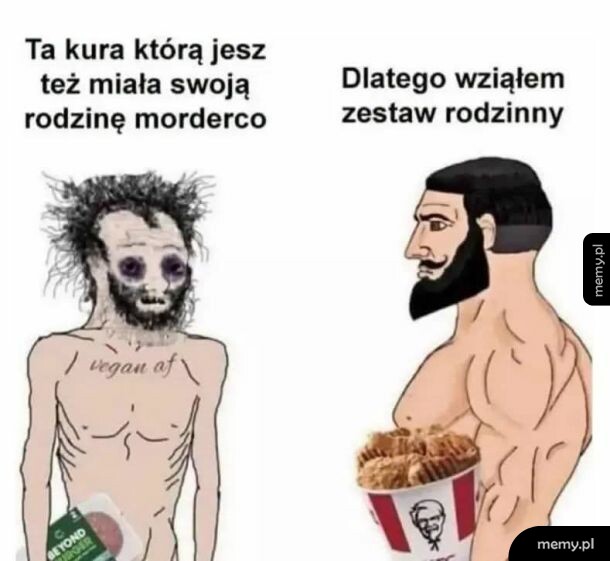 Postać z długą brodą trzymająca kubełek kurczaka obok zniekształconej postaci.