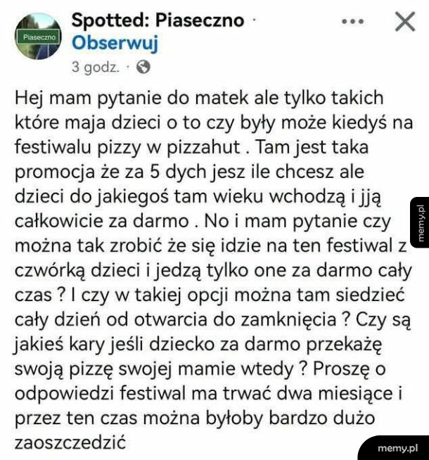 Post na Facebooku z pytaniem o festiwal dla dzieci.