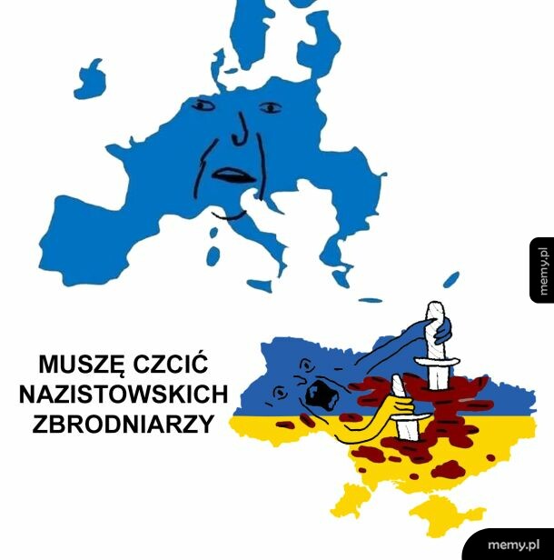 Mapa Europy w kolorach niebieskim i żółtym z postacią i krwią.