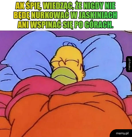 Homer Simpson śpi w łóżku, przykryty kolorowymi kołdrami.