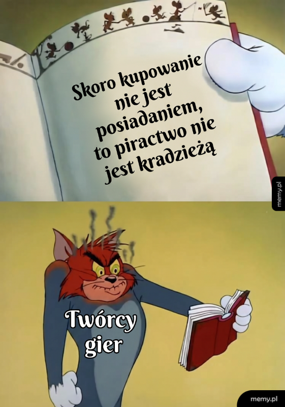 Książka z tekstem o piractwie i postać z kreskówki z wyrazem frustracji.