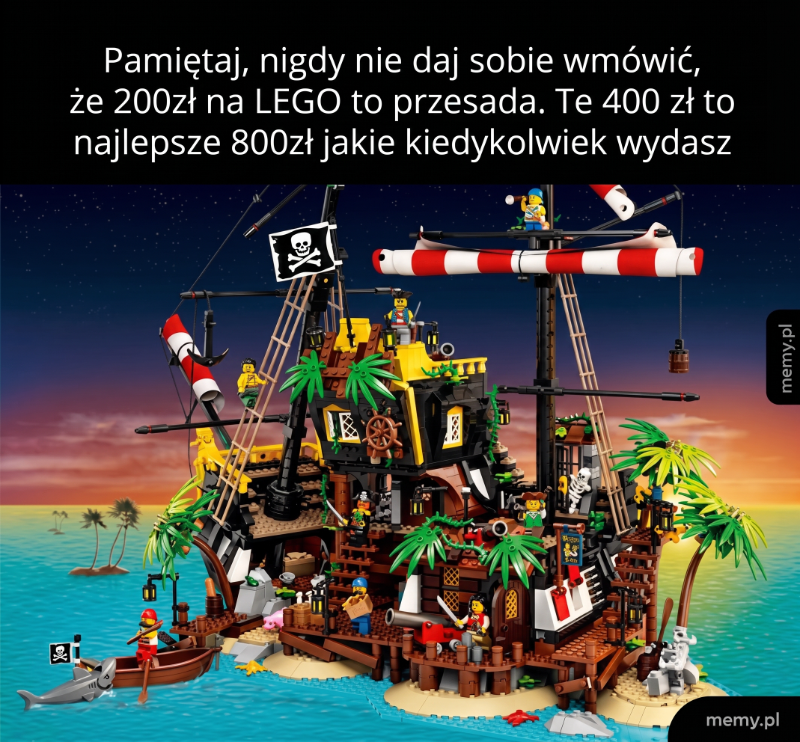 Kolorowa scena z zestawem LEGO przedstawiającym piracką wyspę z figurkami.