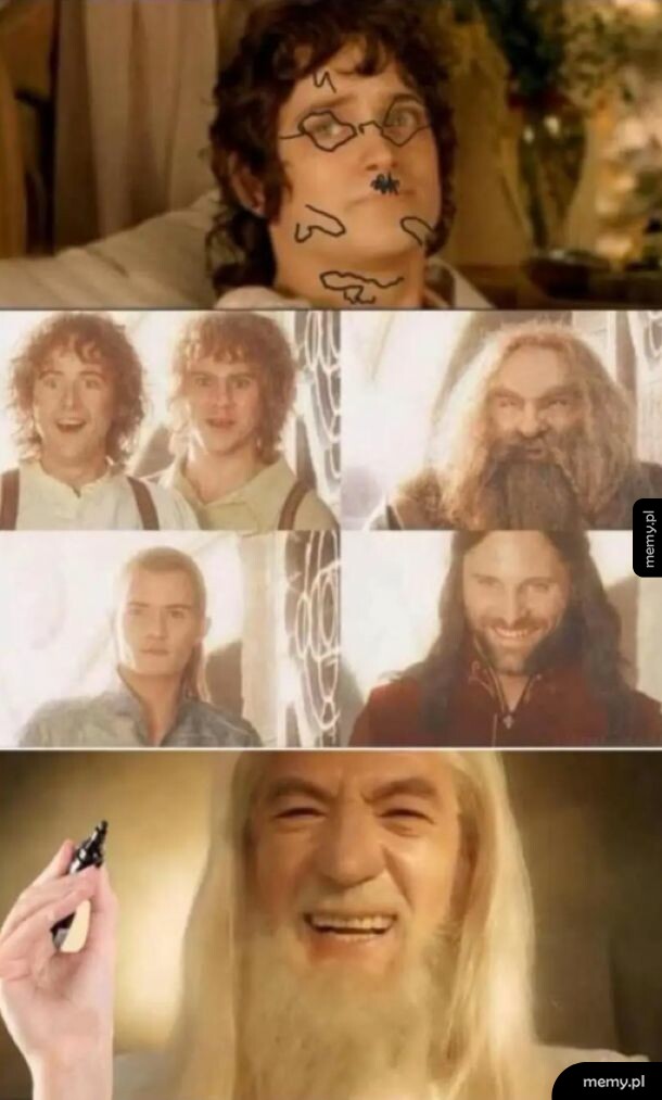 Postacie z filmu w różnych ujęciach, z dodanymi efektami graficznymi.