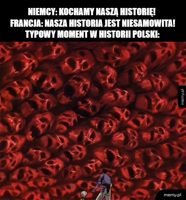 Czerwone czaszki na tle, postać w dolnym rogu.