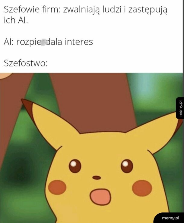 Pikachu z zaskoczoną miną, tekst o AI zastępującym ludzi w pracy.