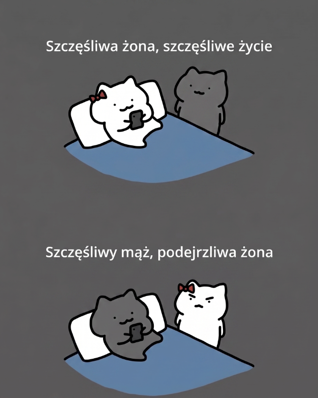 Kota w łóżku, jeden z nich trzyma telefon, drugi wygląda podejrzliwie.