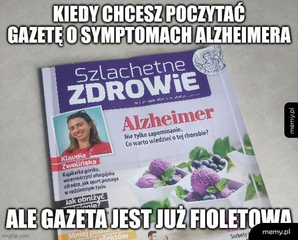 Okładka gazety z tytułem o Alzheimerze, z fioletowym tłem.