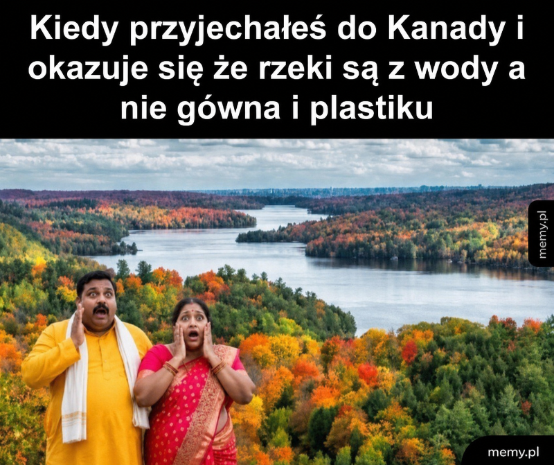 Dwoje zaskoczonych ludzi na tle kolorowego krajobrazu z rzeką.
