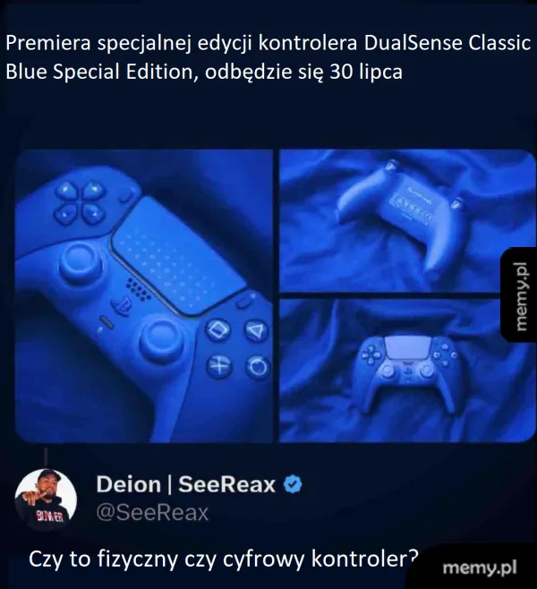 Cztery zdjęcia niebieskiego kontrolera DualSense Classic Blue Special Edition.