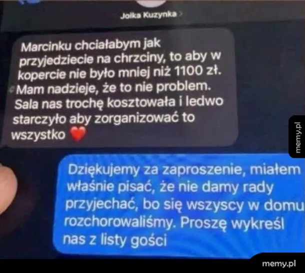 Zrzut ekranu rozmowy tekstowej z zaproszeniem na chrzest.