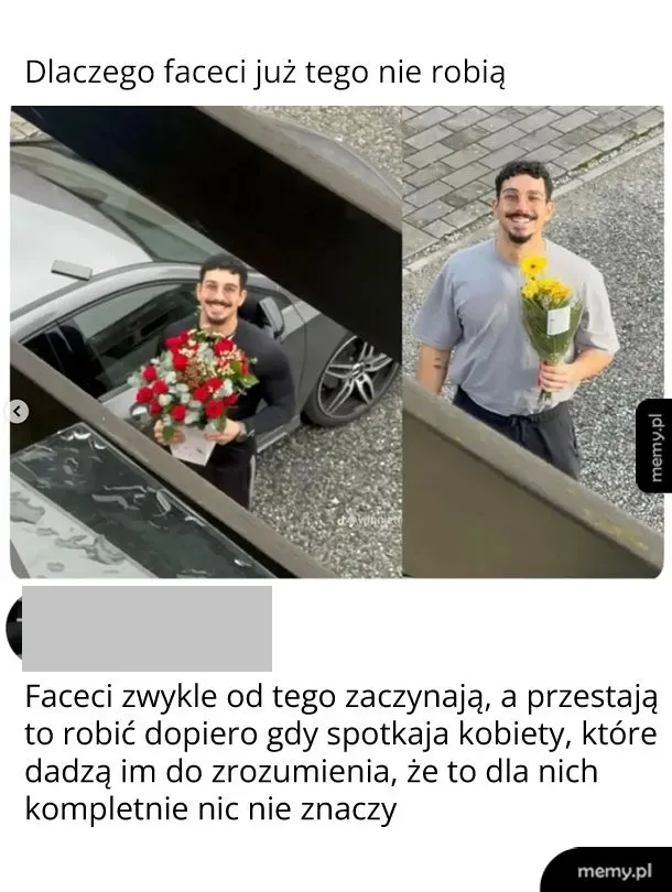 Mężczyzna trzymający bukiet kwiatów, stojący obok samochodu.