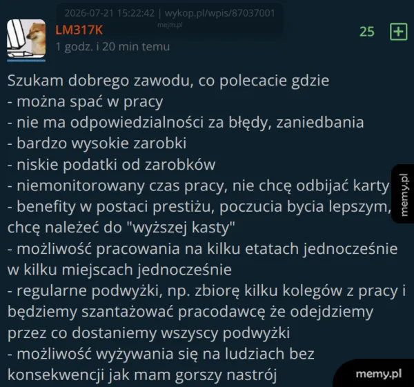 Tekst z prośbą o polecenie zawodu z różnymi wymaganiami.