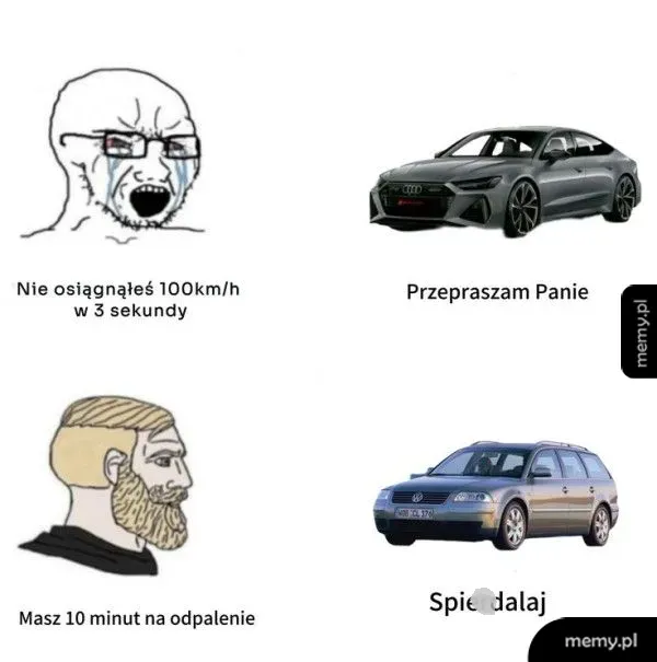 Kolaż z postaciami i samochodami, z tekstami humorystycznymi.