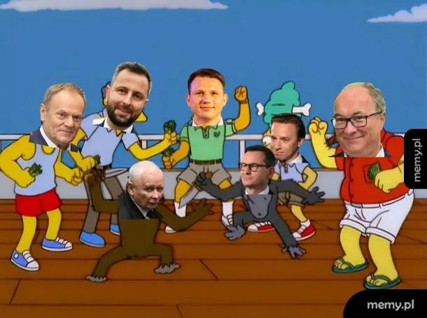 Postacie z kreskówki walczą na pokładzie statku.