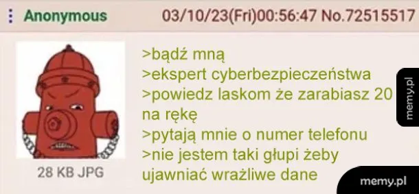 Czerwony hydrant z tekstem o cyberbezpieczeństwie i nieujawnianiu danych.