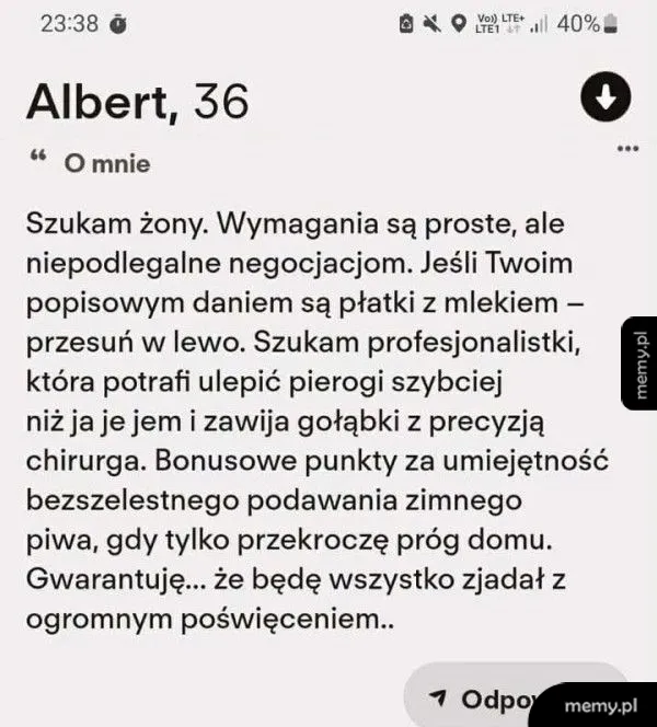 Ogłoszenie o poszukiwaniu żony z nietypowymi wymaganiami.