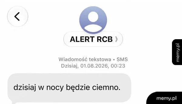 SMS od ALERT RCB z informacją o ciemności w nocy.