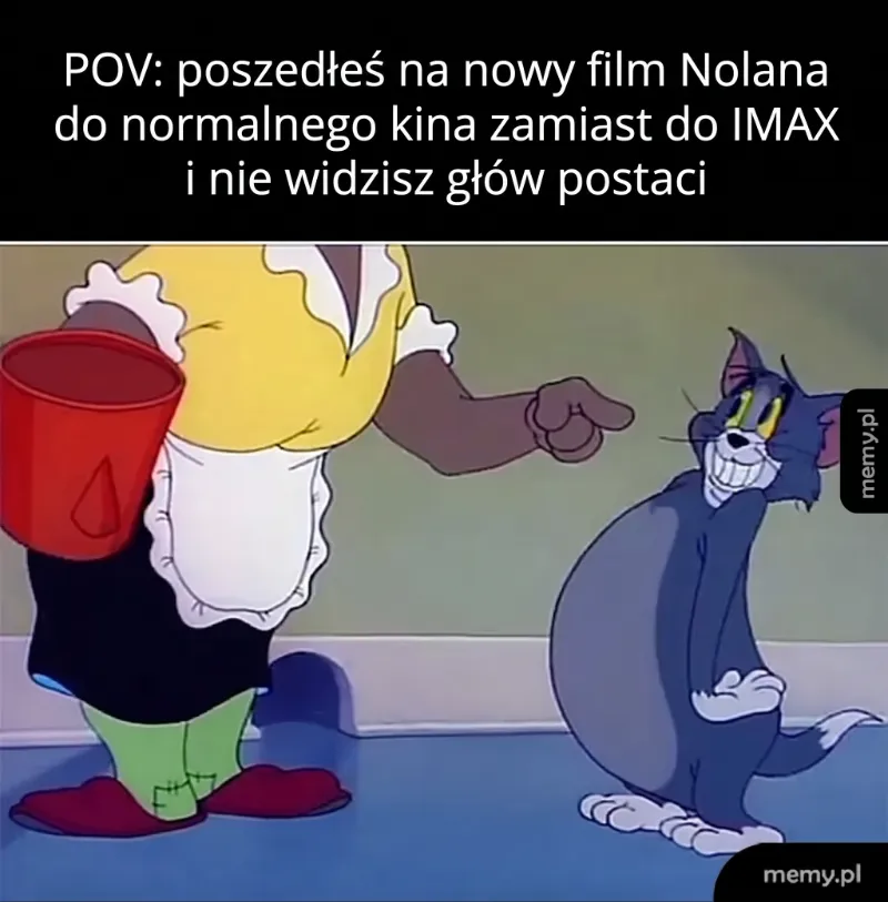 Kobieta z wiadrem i kot z uśmiechem w animowanej scenerii.