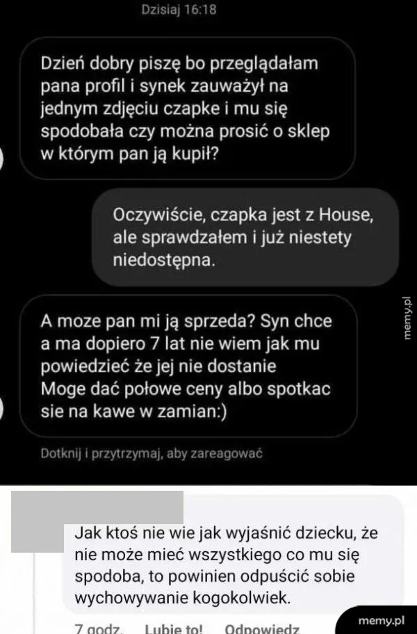 Rozmowa na czacie dotycząca zakupu czapki i sprzedaży.