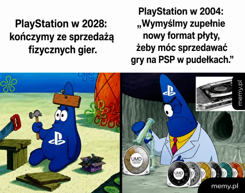Postać z niebieskim ciałem trzymająca narzędzia i płyty w kontekście PlayStation.