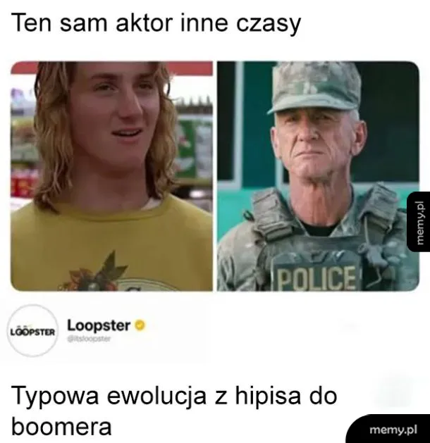 Dwie fotografie tego samego aktora w różnych stylizacjach.