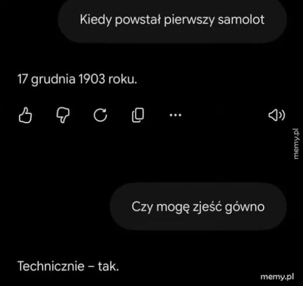 Rozmowa o pierwszym samolocie i absurdalna odpowiedź na pytanie.
