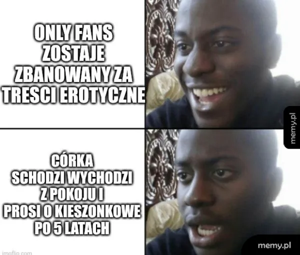 Mężczyzna z uśmiechem i zaskoczoną miną, dwa panele z tekstem.