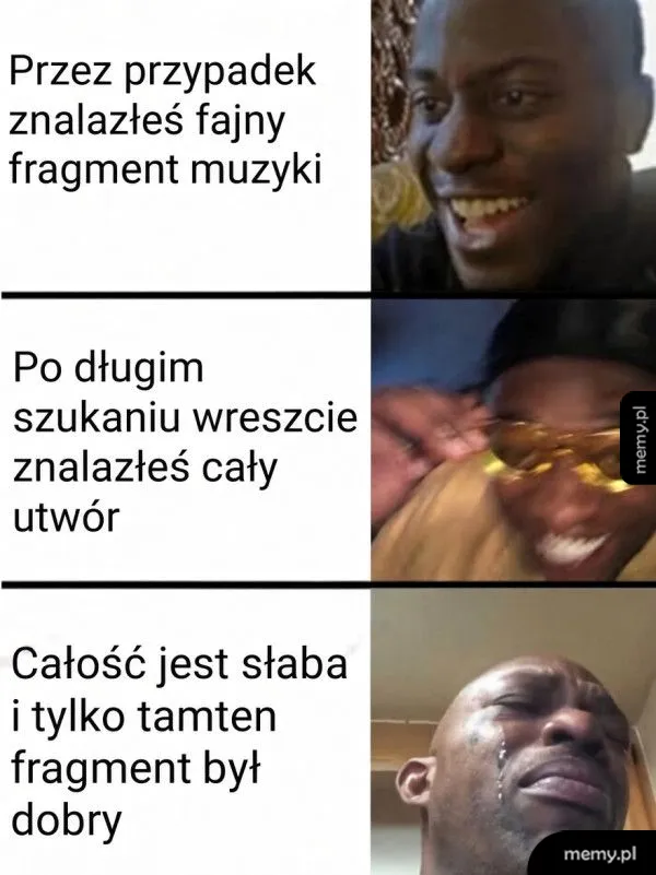 Trzy zdjęcia ludzi z różnymi emocjami, teksty na górze i na dole.