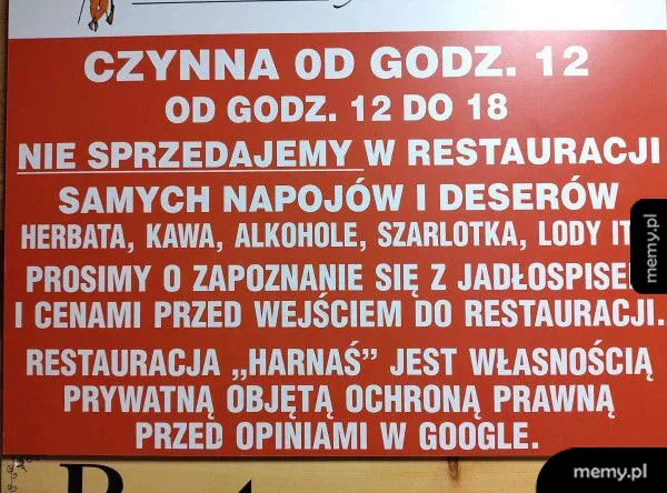 Czerwony plakat z informacjami o godzinach otwarcia i zasadach restauracji.