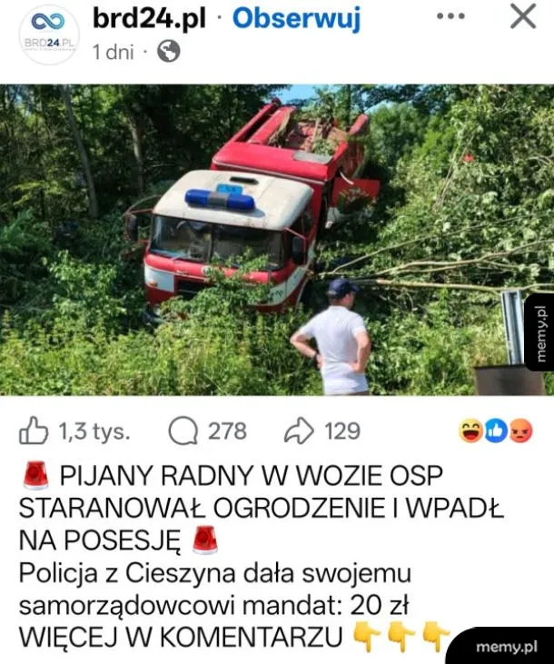 Czerwony wóz strażacki wjeżdżający w ogrodzenie w lesie.