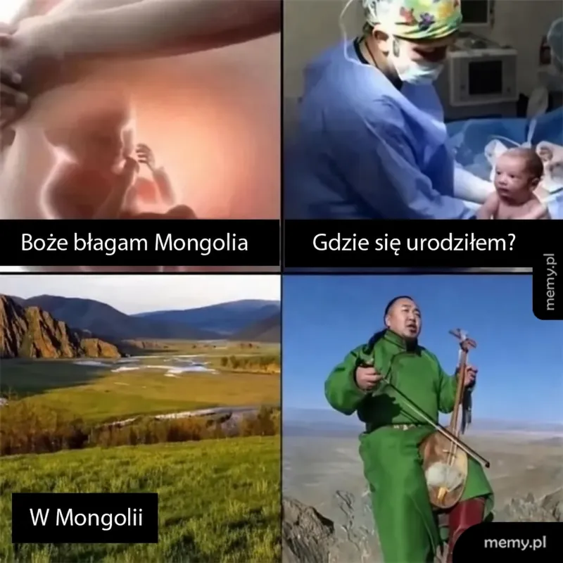 Dwie sceny z życia: narodziny dziecka i krajobraz Mongolii.