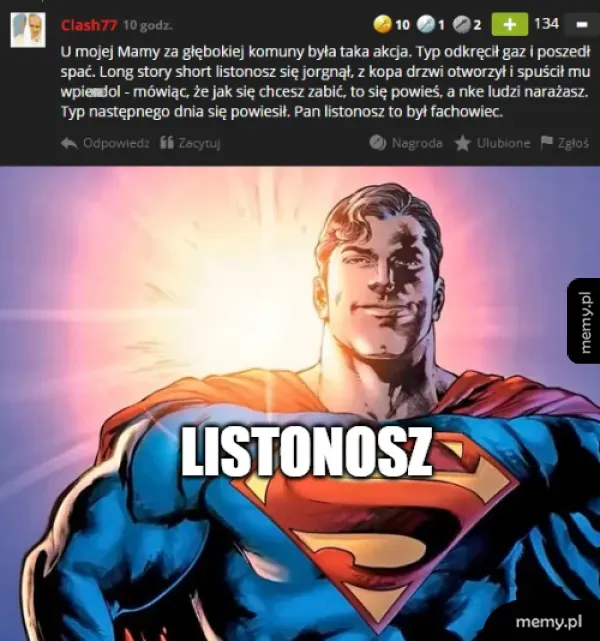 Superman w pozie z uniesionymi rękami, z napisem 'LISTONOSZ'.
