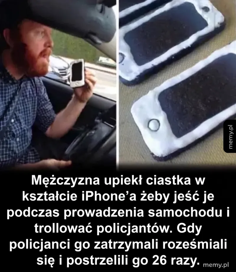 Mężczyzna z ciastkiem w kształcie iPhone'a w samochodzie.
