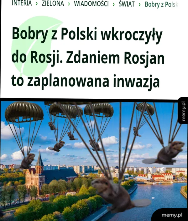 Bobby spadające na spadochronach nad miastem.