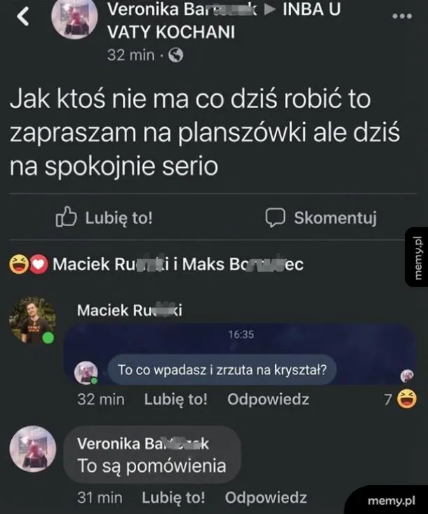 Post na Facebooku z zaproszeniem na planszówki.