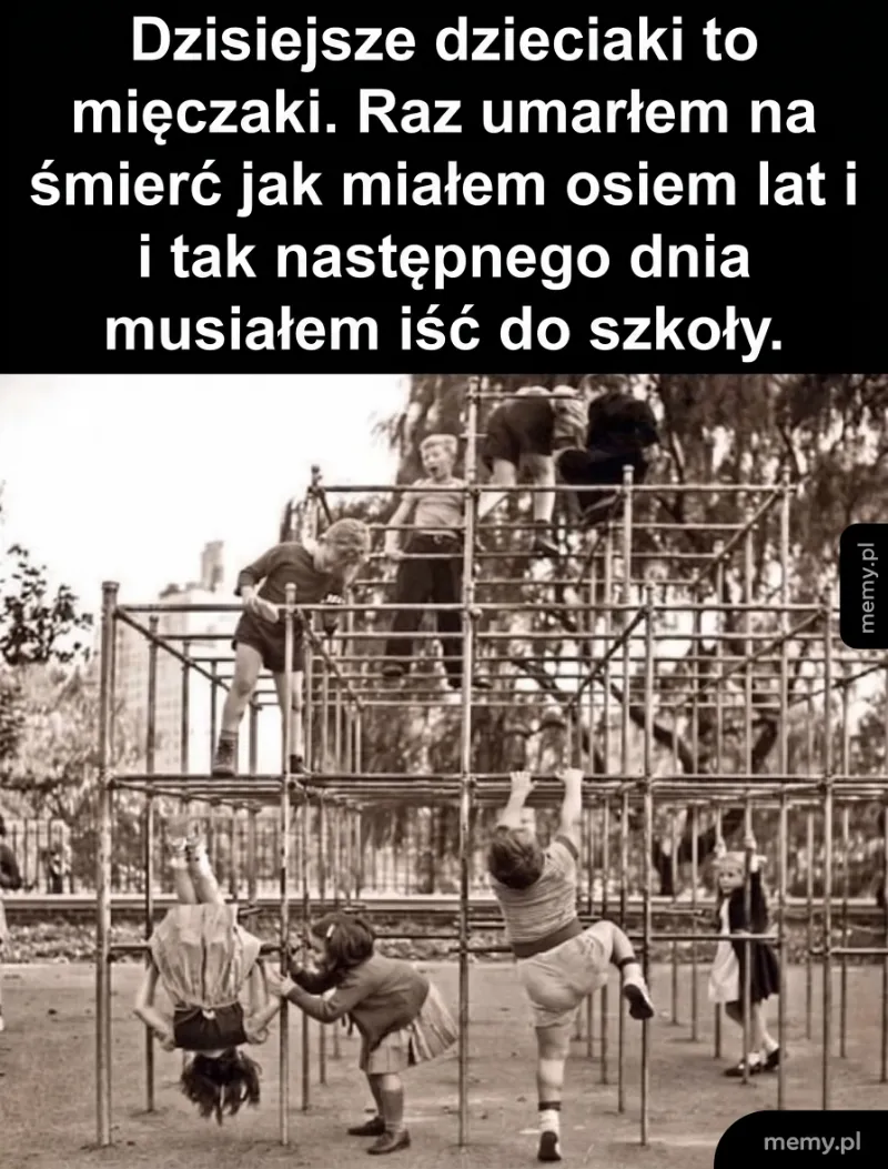 Dzieci bawiące się na placu zabaw, wspinające się na metalową konstrukcję.