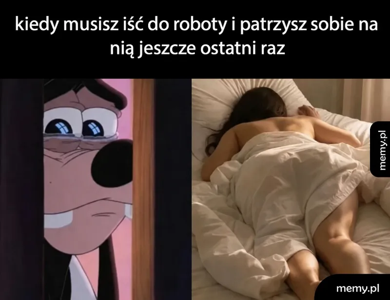 Postać smutnego psa patrzy na osobę leżącą w łóżku.