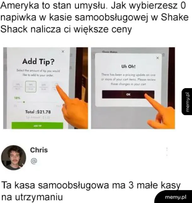 Ekran kasy samoobsługowej z informacją o napiwku i wyższych cenach.