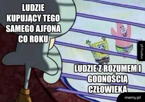 SpongeBob i Patrick za oknem, z wyraźnymi emocjami.