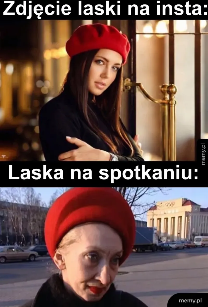 Kobieta w czerwonym berecie w dwóch różnych kontekstach.