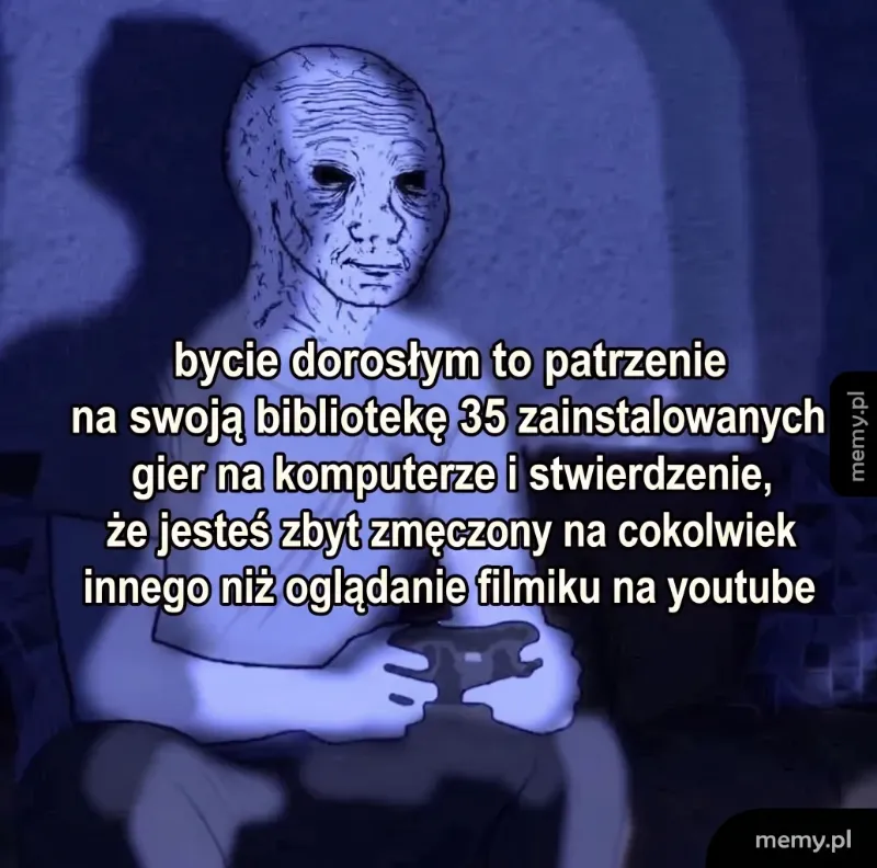 Postać z nieproporcjonalną głową grająca na komputerze w ciemnym pomieszczeniu.