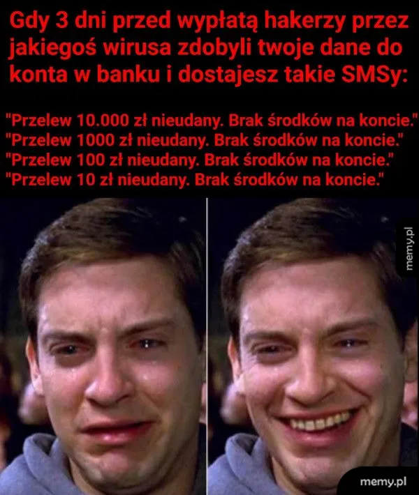Mężczyzna z wyraźnym smutkiem na twarzy, dwa SMS-y na ekranie.