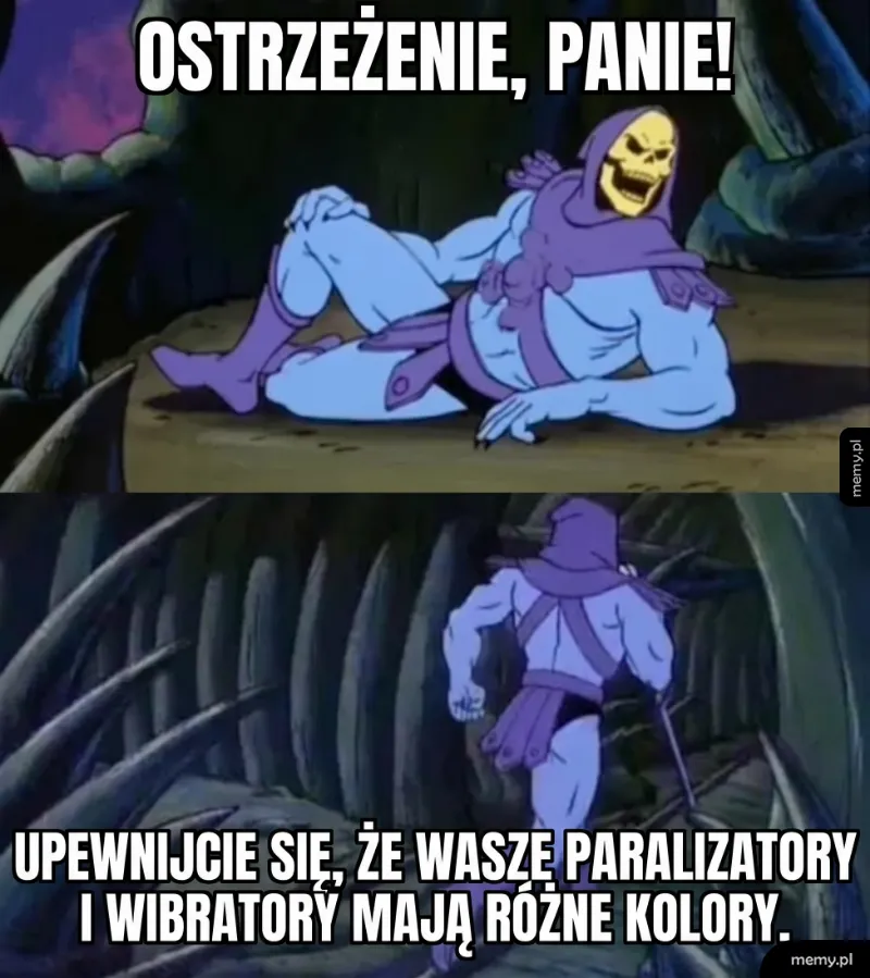 Postać w niebieskim stroju ostrzega przed różnymi kolorami urządzeń.