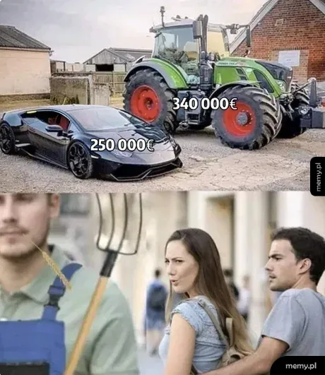 Lamborghini obok traktora, z cenami podanymi obok każdego pojazdu.