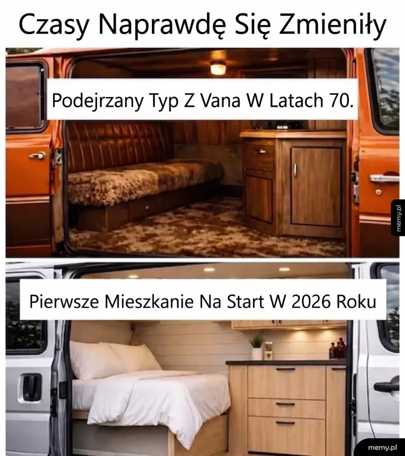 Dwa wnętrza vanów: jeden z lat 70., drugi nowoczesny.